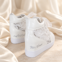 Load image into Gallery viewer, Personalised Bridal Wedge Trainers – White Lace High-Top Wedding Sneakers