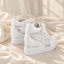 Load image into Gallery viewer, Personalised Bridal Wedge Trainers – White Lace High-Top Wedding Sneakers