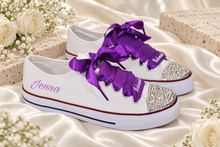 Load image into Gallery viewer, Personalised Bridal Trainers with Crystal Toes and Satin Ribbon Laces