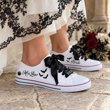 Load image into Gallery viewer, Personalised Halloween Wedding Trainers – Bats, Pumpkins & Black Ribbon Laces