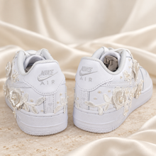 Load image into Gallery viewer, Personalised Nike Air Force 1 Bridal Trainers – Floral Lace & Pearls