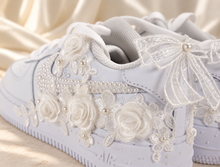 Load image into Gallery viewer, Personalised Nike Air Force 1 Bridal Trainers | Floral Lace & Pearls