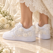 Load image into Gallery viewer, Personalised Nike Air Force 1 Bridal Trainers | Floral Lace & Pearls