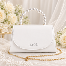 Load image into Gallery viewer, Personalised Ivory Bridal Clutch Bag – Pearl Handle Wedding Purse with Removable Chain