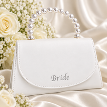 Load image into Gallery viewer, Personalised Ivory Bridal Clutch Bag – Pearl Handle Wedding Purse with Removable Chain