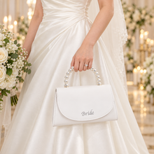 Load image into Gallery viewer, Personalised Ivory Bridal Clutch Bag – Pearl Handle Wedding Purse with Removable Chain
