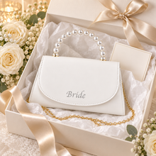 Load image into Gallery viewer, Personalised Ivory Bridal Clutch Bag – Pearl Handle Wedding Purse with Removable Chain