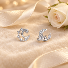 Load image into Gallery viewer, Silver Crescent Moon Stud Earrings – Crystal Celestial Bridal Jewellery