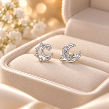 Load image into Gallery viewer, Silver Crescent Moon Stud Earrings – Crystal Celestial Bridal Jewellery