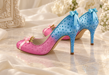Load image into Gallery viewer, Aurora Inspired Satin Bridal Heels | Pink & Blue Crystal Wedding Shoes
