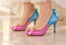 Load image into Gallery viewer, Aurora Inspired Satin Bridal Heels | Pink & Blue Crystal Wedding Shoes