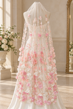 Load image into Gallery viewer, Pink 3D Flower Wedding Veil with Rose-Gold Embroidered Leaves | 150 cm
