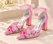 Load image into Gallery viewer, Pink Blossom Bridal Block Heels | Embroidered Mesh Wedding Shoes with Ribbon Ties