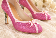 Load image into Gallery viewer, Aurora Inspired Glitter Bridal Heels | Ribbon Roses & Princess Details