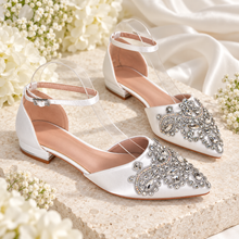 Load image into Gallery viewer, Pointed Toe Bridal Flats with Rhinestone Appliqué & Ankle Strap