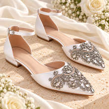 Load image into Gallery viewer, Pointed Toe Bridal Flats with Rhinestone Appliqué & Ankle Strap