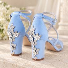 Load image into Gallery viewer, Blue Satin Bridal Sandals with Cherry Blossom Block Heels