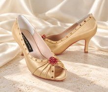 Load image into Gallery viewer, Gold Satin Bridal Heels with Red Crystal Roses | Princess Belle Inspired Shoes