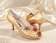 Load image into Gallery viewer, Gold Satin Bridal Heels with Red Crystal Roses | Princess Belle Inspired Shoes
