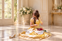Load image into Gallery viewer, Gold Satin Bridal Heels with Red Crystal Roses | Princess Belle Inspired Shoes