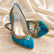 Load image into Gallery viewer, Jasmine Inspired Bridal Heels | Teal Tulle & Gold Wedding Shoes