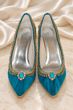 Load image into Gallery viewer, Jasmine Inspired Bridal Heels | Teal Tulle & Gold Wedding Shoes
