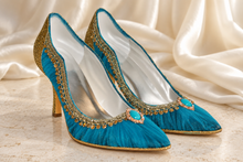 Load image into Gallery viewer, Jasmine Inspired Bridal Heels | Teal Tulle & Gold Wedding Shoes