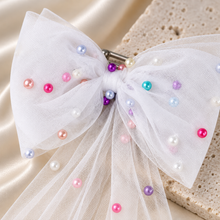 Load image into Gallery viewer, Pearl Tulle Hair Bow with Long Tails – Bridal Bow in White, Ivory, Black or Rainbow Pearls