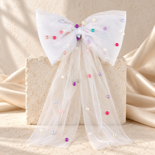 Load image into Gallery viewer, Pearl Tulle Hair Bow with Long Tails – Bridal Bow in White, Ivory, Black or Rainbow Pearls