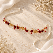 Load image into Gallery viewer, Red Rose Bridal Belt & Hair Vine | Gold Wedding Dress Sash