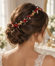 Load image into Gallery viewer, Red Rose Bridal Belt & Hair Vine | Gold Wedding Dress Sash