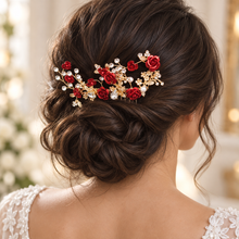 Load image into Gallery viewer, Red Rose Bridal Hair Comb | Gold Fairytale Floral Wedding Hairpiece