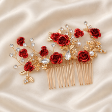 Load image into Gallery viewer, Red Rose Bridal Hair Comb | Gold Fairytale Floral Wedding Hairpiece