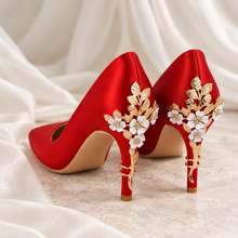 Load image into Gallery viewer, Red Satin Cherry Blossom Heels | Floral Wedding Shoes