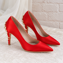 Load image into Gallery viewer, Red Satin Cherry Blossom Heels | Floral Wedding Shoes