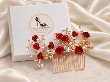 Load image into Gallery viewer, Red Rose Bridal Hair Comb | Gold Fairytale Floral Wedding Hairpiece