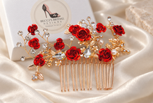 Load image into Gallery viewer, Red Rose Bridal Hair Comb | Gold Fairytale Floral Wedding Hairpiece