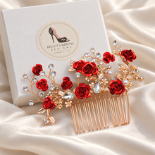 Load image into Gallery viewer, Red Rose Bridal Hair Comb | Gold Fairytale Floral Wedding Hairpiece