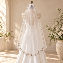 Load image into Gallery viewer, Rose Embroidered Edge Bridal Veil | White or Ivory