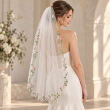 Load image into Gallery viewer, Rose Embroidered Edge Bridal Veil | White or Ivory