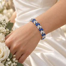 Load image into Gallery viewer, Royal Blue & Clear Crystal Leaf Bridal Bracelet – Silver Plated