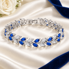 Load image into Gallery viewer, Royal Blue & Clear Crystal Leaf Bridal Bracelet – Silver Plated