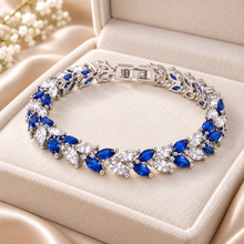 Load image into Gallery viewer, Royal Blue & Clear Crystal Leaf Bridal Bracelet – Silver Plated