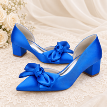 Load image into Gallery viewer, White D’Orsay Bridal Shoes with Bow – Low Block-Heel Wedding Shoes