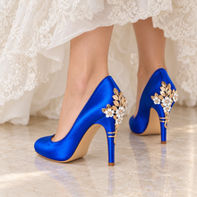 Load image into Gallery viewer, Royal Blue Satin Cherry Blossom Wedding Heels | Round Toe