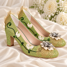 Load image into Gallery viewer, Tiana Inspired Bridal Block Heels | Green Glitter & Golden Leaves