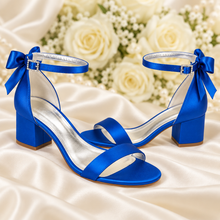 Load image into Gallery viewer, Satin Block Heel Wedding Sandals with Back Bow