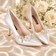 Load image into Gallery viewer, Satin Bridal Shoes with Removable Floral Shoe Clips