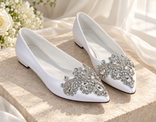 Load image into Gallery viewer, Satin Pointed Toe Bridal Flats with Rhinestone Appliqué
