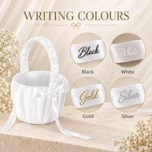 Load image into Gallery viewer, Personalised Satin Flower Girl Basket – White Wedding Petal Basket with Choice of Ribbon Colour